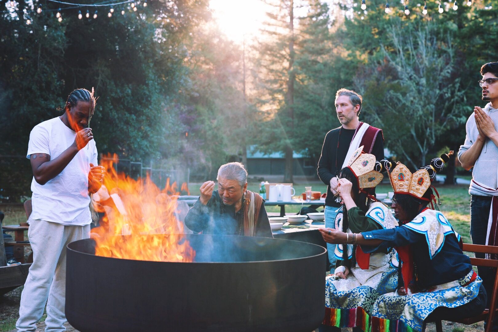 Sangha fire ceremony at dusk