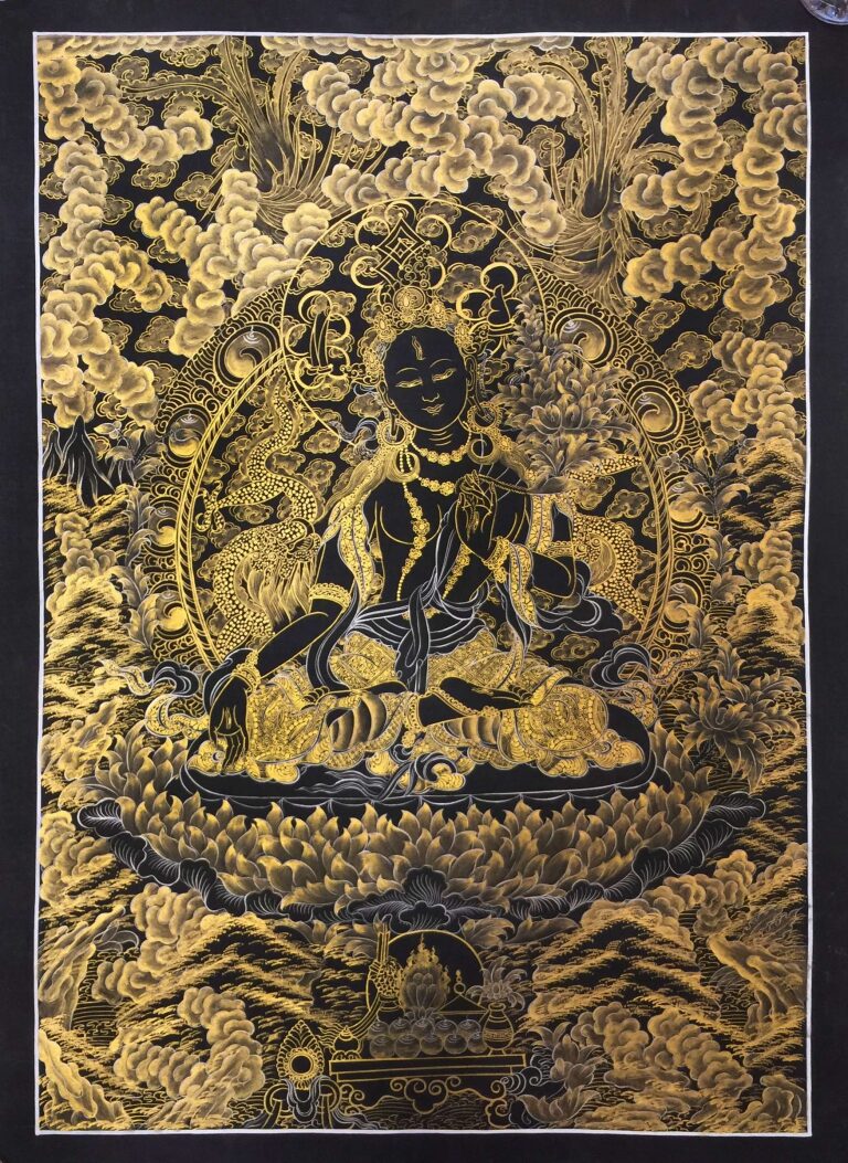 Black Tara thangka — gold on black